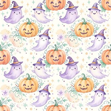 A charming watercolor seamless pattern featuring adorable smiling jack-o'-lanterns and friendly ghosts wearing witch hats, perfect for festive holiday designs.