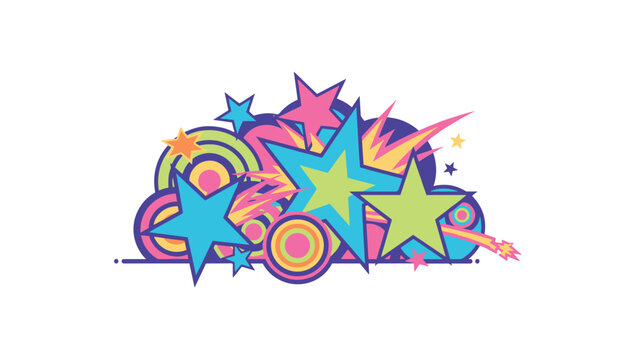 Vibrant retro pop art graphic of colorful exploding stars and circles mimicking comic book boom sound effect style.