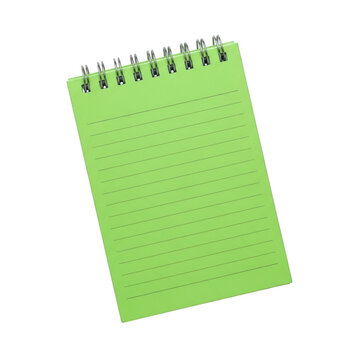 Green spiral notebook with lined pages isolated on white background