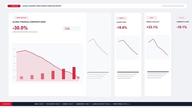 Stock market crisis, economic recession, business crash charts and graphs showing downturn, red downtrend data