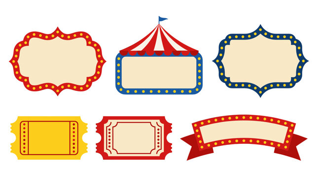Set of vintage circus frames and decorative borders with marquee lights, festive carnival show signage elements, entertainment event badge collection
