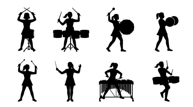 Set of black silhouettes of marching band drummers and percussionists, flat vector icons representing parade music, musical performance and rhythmic