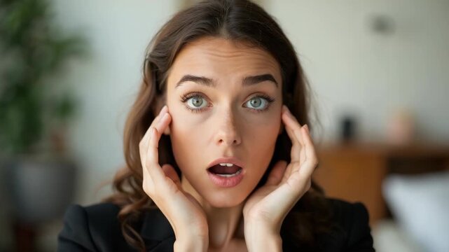 shot of dream young woman hands cheeks ambitious business lady looking novelty decide how spend her holidays while pause office background fashion editorial shot, high-fashion imager.