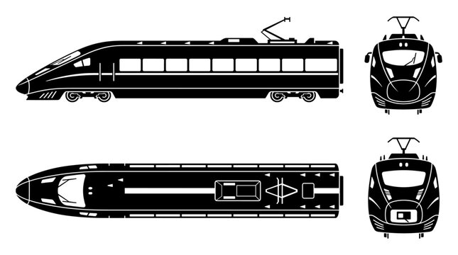 High speed train blueprint in black and white, side front and top view, flat vector technical illustration for transport design and engineering