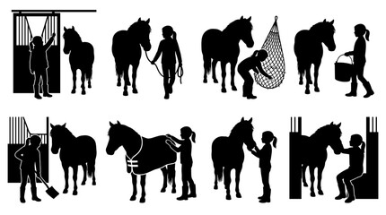Fototapeta premium Black silhouette set of children interacting with horses, grooming, feeding, washing, riding preparation, equestrian care icons for stable life