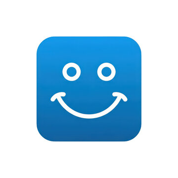 Blue square icon with a simple white smiley face isolated on transparent background