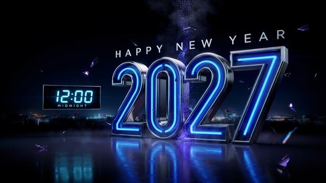 Neon blue illuminated three dimensional 2027 text with digital clock display showing midnight at night.