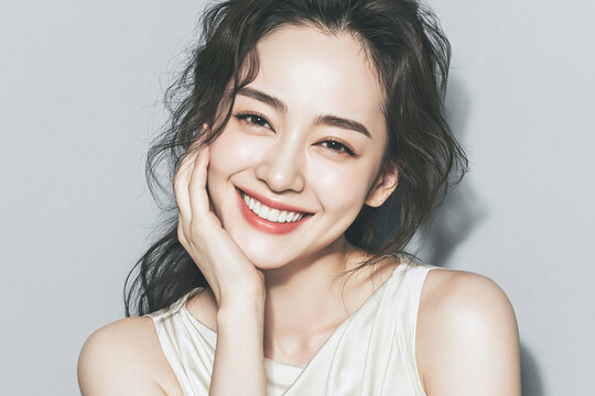 Close-up portrait of beautiful young East Asian woman resting cheek on hand with charming smile and clear glowing skin for beauty skincare cosmetics advertising concepts
