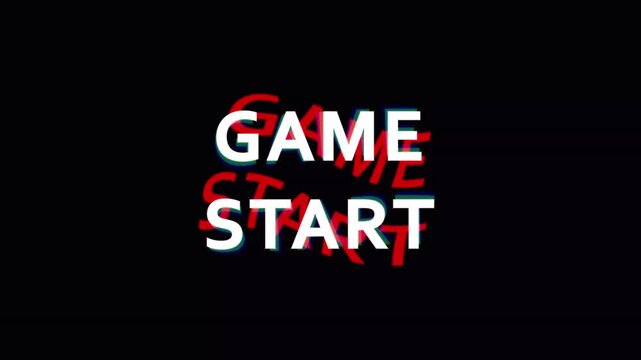 Digital glitch effect on GAME START text during gameplay initiation with vibrant chromatic aberration