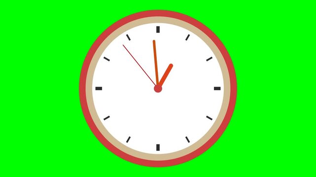 Animated clock with red rim on a vibrant green screen background for video projects