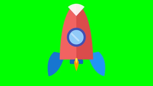 Flat vector animation of a red and blue rocket ship flying on green screen background
