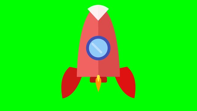 Vector illustration of a stylized red space rocket ship flying on a vibrant green background for children animation