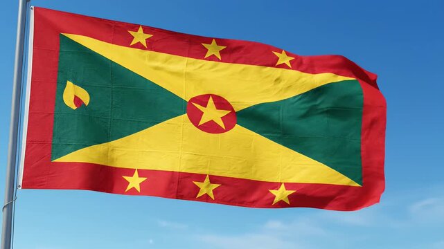Grenada flag waving in clear blue sky, national symbol, patriotism, Caribbean nation, freedom, independence, country emblem, travel destination