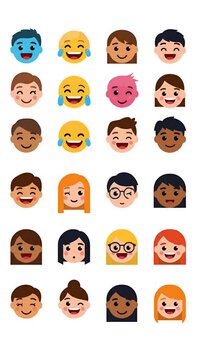 Diverse pixelated faces and emojis showing laughter and joy, simple flat icons for communication and emotion