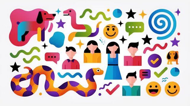 motion graphic with colorful abstract shapes people icons and playful snake element, representing communication and interaction