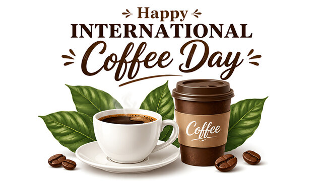 Watercolor coffee background banner with steaming hot cup roasted beans and plantation branch