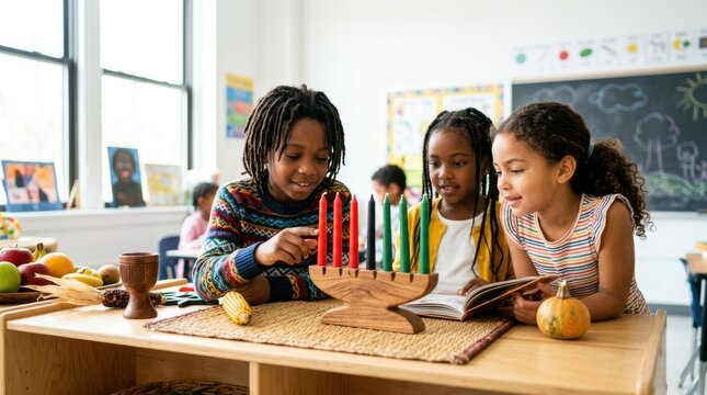 Kwanzaa Celebration in Classroom: Young students engage in a Kwanzaa celebration, gathered around a kinara with lit candles, learning about cultural traditions and heritage in a classroom setting.