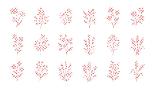 cross stitch botanical floral hand drawn embroidery embroidered plants folk needle pixel sprigs herbs wildflower motifs asset pack vector isolated background