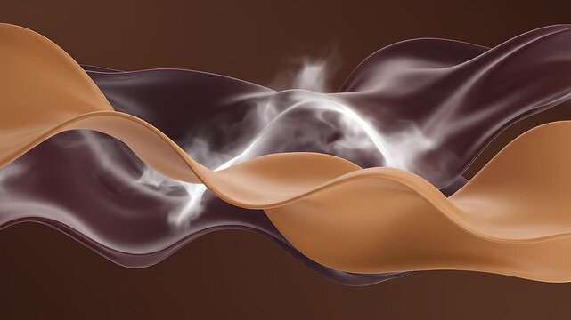 Liquid chocolate and caramel waves with white steam, flowing creamy dark cocoa and toffee swirls, abstract food background for confectionery advertising and dessert menu design