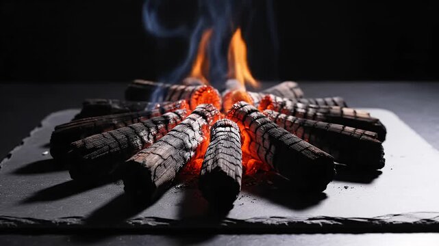 Burning charcoal briquettes arranged on a slate platter with rising smoke and orange fire
