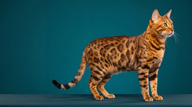 Majestic Bengal cat with rosetted fur standing in profile on a dark teal background