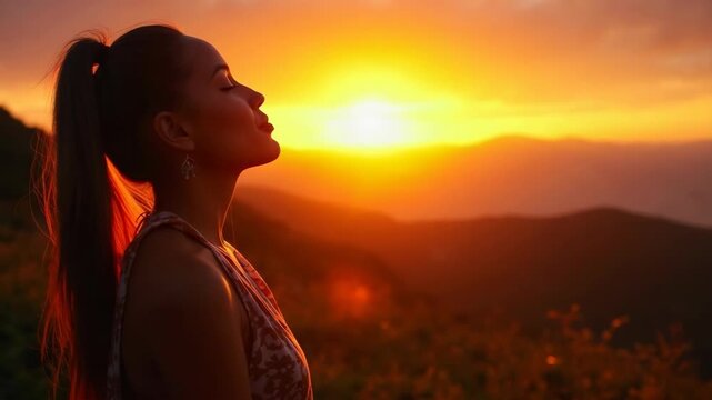 A peaceful young woman with closed eyes standing outdoors, basking in warm sunlight with mountains and golden sky at sunset. Tranquility, relaxation, mindfulness and nature connection.