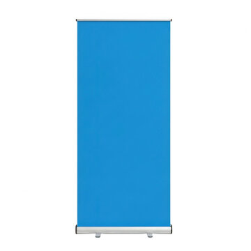Blank blue roll up banner stand isolated on white background for business presentation