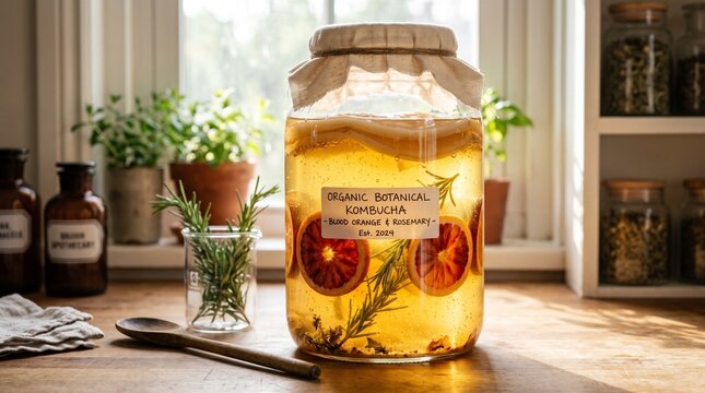 Glass Jar Fermentation of Probiotic Botanical Kombucha with Floating Scoby