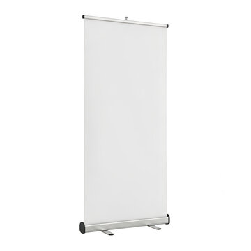 Blank white roll up banner stand isolated on white background for business presentation