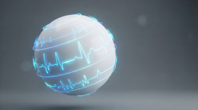 Personalized AI medicine concept with glowing blue health monitor sphere and heart rhythm line on dark background