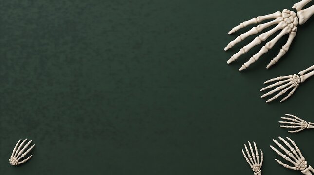 Skeleton hands 3D render on dark green background with copy space