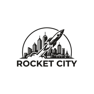 Rocket launching over city skyline logo