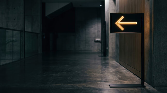 Strategic navigation glowing path toward exit in dark modern corridor creating calm directional mood for wayfinding design and safety guidance