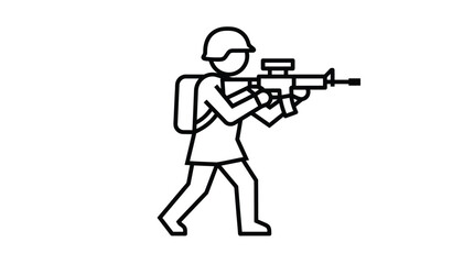 Naklejka premium Stick figure soldier wearing a combat helmet with a backpack holding an automatic rifle while walking forward in this bold black and white line art illustration