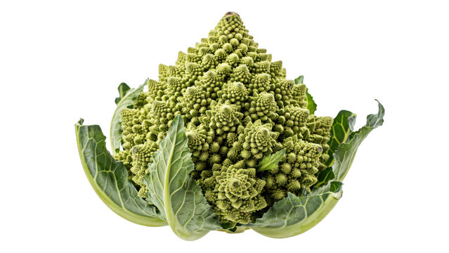 Fresh romanesco broccoli head with intricate fractal patterns and green leaves isolated on a transparent background