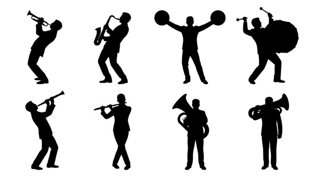 Set of marching band musician silhouettes, trumpeter, saxophonist, drummer, cymbal player, tubist, performance celebration, music parade parade