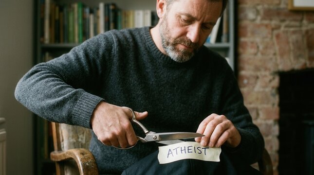 Man Cuts Paper With Word Atheist Denying Belief and Faith