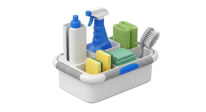 Cleaning supplies caddy with spray bottles, scrub brush, and sponges for household or office sanitation