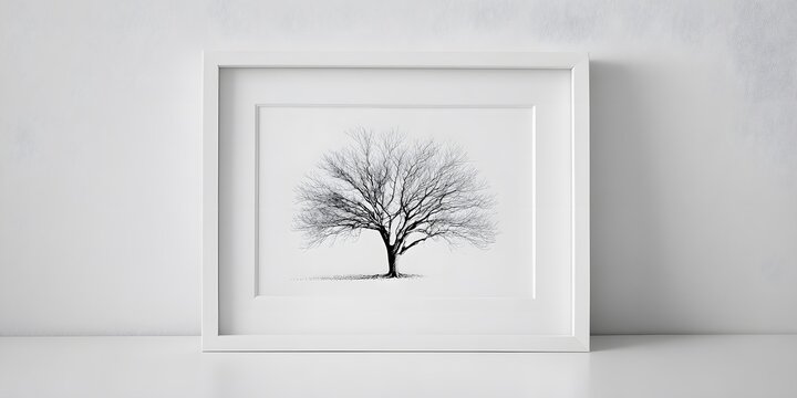 Framed black and white artwork of a leafless tree displayed on a white wall