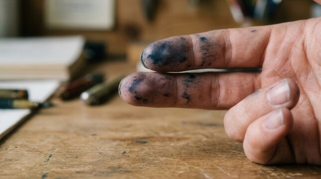 Ink Stained Fingers Show Creative Process Of Artistic Work