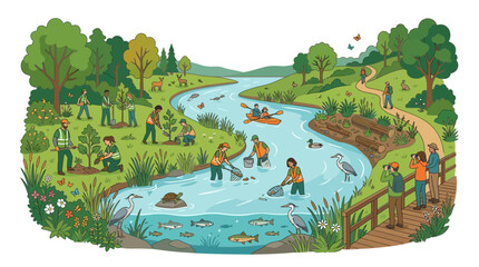 Obraz premium Diverse Community Engaged in River Restoration and Outdoor Recreation