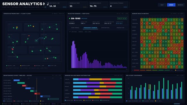 Explore the advanced industrial sensor-based maintenance analytics dashboard featuring a dark aesthetic, dynamic KPI metrics, and an interactive sensor network map for optimal data analysis.