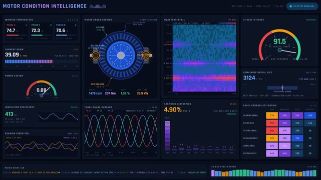 Explore a sophisticated motor condition monitoring dashboard featuring animated data visualizations, vibrant colors, and an electro-industrial aesthetic for advanced engineering insights.