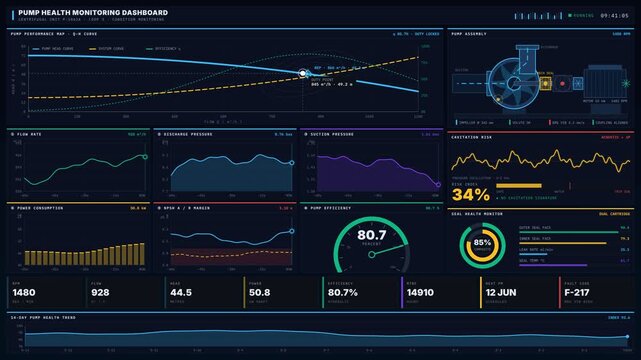 Explore an immersive dark-mode pump health monitoring dashboard featuring fluid-dynamic visuals, animated performance maps, and detailed pump assembly schematic layouts.