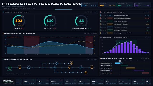 Explore a dark-mode predictive maintenance dashboard featuring real-time pressure analytics with animated gauges, KPI cards, and a sleek industrial design for monitoring systems.