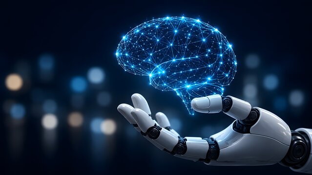Futuristic robot hand holding glowing blue holographic brain for artificial intelligence and machine learning concept