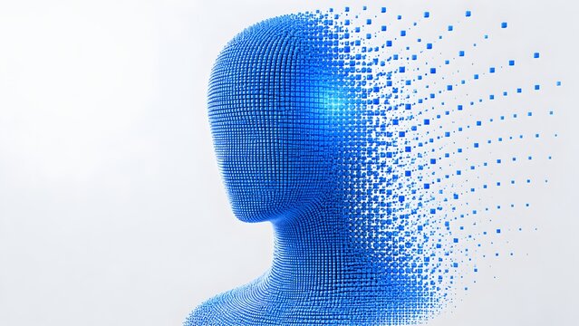 Artificial intelligence human head constructed from blue digital cubes disintegrating into data particles representing machine learning and cognitive transformation