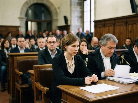 Intense Courtroom Scene With Focused Young Woman