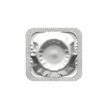 Square silver condom foil wrapper isolated on white background