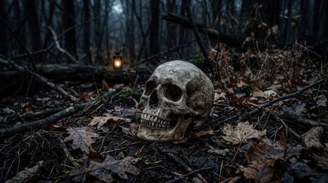 Macabre Skull In Dark Forest With Fading Lantern Glow